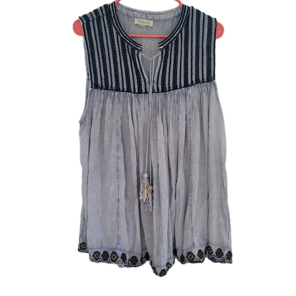 Rachel Zoe Womens Small Boho Y2K Sleeveless Chambray Tassel Embroidered Tunic